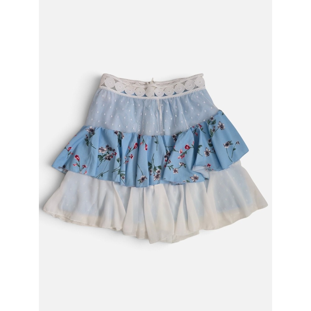 Showpo Floral Polka Dot Tiered Mini Skirt Blue White Crochet Lace Size 0